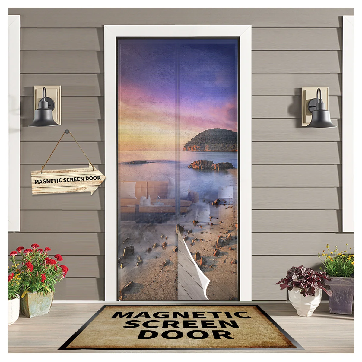 

Beach Morning Light Stones Kitchen Door Curtain Anti-mosquito Door Net Mesh Insect Screen Door Curtains for Living Room