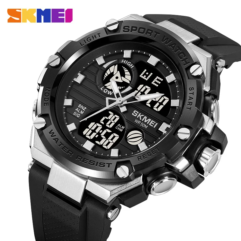 

SKMEI Casual Fashion Sport LED Light 5Bar Waterproof Watches 2 Time Chrono Digital Mens Larger Dial Wristwatch Alarm Clock