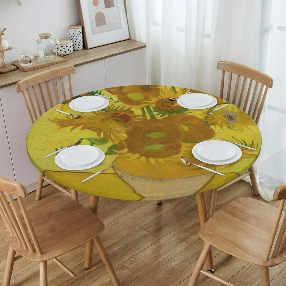 

Oilproof Vase With Twelve Sunflowers Table Cover Elastic Vincent Van Gogh Painting Table Cloth Backed Edge Tablecloth for Dining