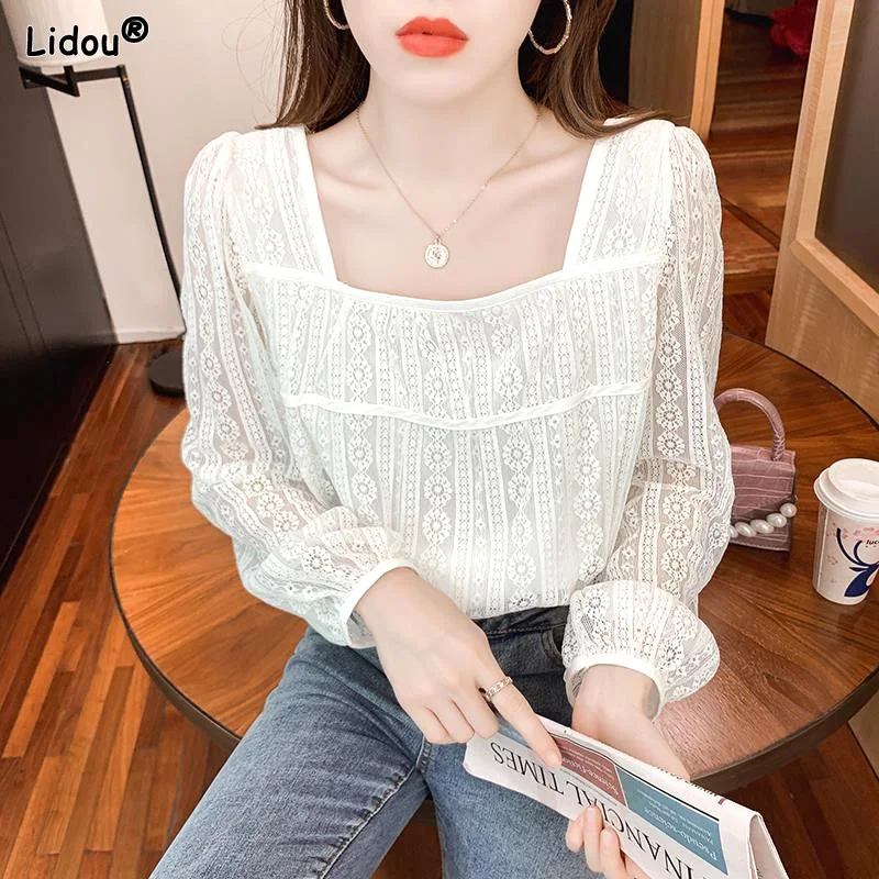 Square Collar Pullovers Solid Lace Splicing Bright Line Decoration Spring Summer Thin Blouses Women's Clothing 2022 Fashion Sexy wyj modified positioning backside accessories 90 degrees 45 degrees chamfering woodworking angle square decoration tools