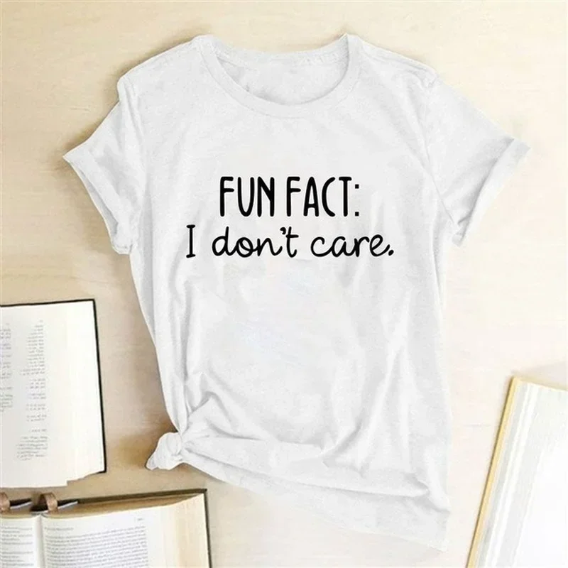 FUN FACT I DON'T CARE Print Women T Shirt Short Sleeve RoundNeck Loose Women Tshirt Ladies Tops Casual Summer Clothes