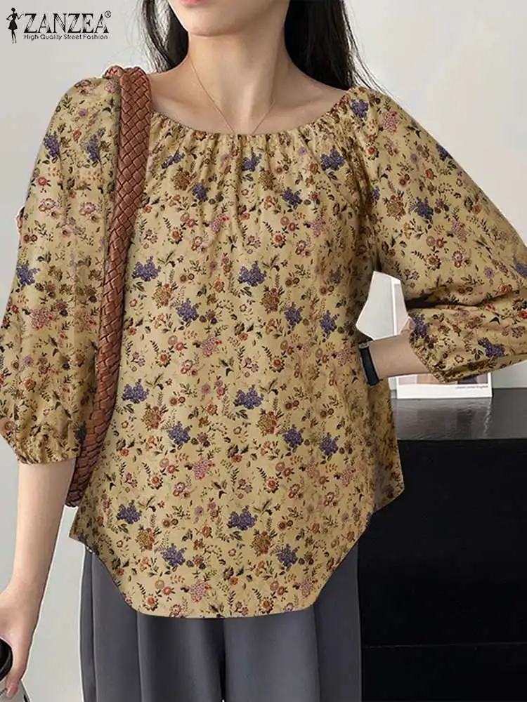 

Топ ZANZEA Женский на одно плечо, винтажная модная повседневная плиссированная блузка с цветочным принтом и рукавом 2024, праздничная туника, лето 3/4