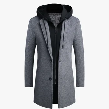 Detachable Hat Woolen Coat for Young Men Student Casual Mid-Length Korean Style Fashionable Outerwear Thickened Winter Coat
