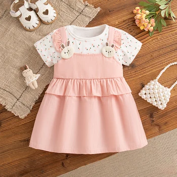 Baby Girl Dress Summer Floral and Bunny Pattern Fake Two Piece Girl Kid's Dress Cute Casual Baby Girls' Princess Dresses 1