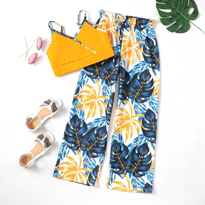 

2022 Summer Fashion Kids Clothes Girls Outfits 2 Pcs Sets Short V-neck Strap Tops+print Long Pants Beach Girls Clothing Set 5-9Y
