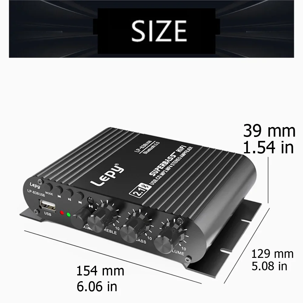 Bluetooth Audio Amplifier Home Audio HiFi Amp 2.1 Channels Supports Bluetooth/USB/RCA Input LP-838 40W+40W+50W