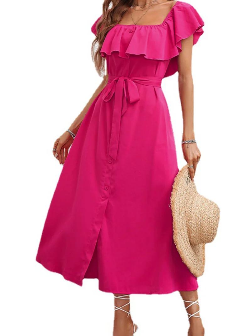 

Freeacy 2023 Summer Rose Red Square Neck Ruffled Lace-up High Waisted Midi Dresses Women's Elegant Low Backes Split Dress