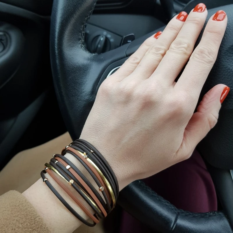 ALLYES Metal Beads Genuine Leather Bracelets For Women Men Fashion Slim Strips Boho Multilayer Wide Wrap Bracelet Femme Jewelry leather braided bracelet leather bracelet pearl leather bracelet