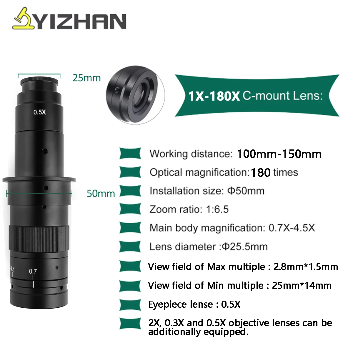 YIZHAN 4K 디지털 현미경, 1/1.8인치 imx678 센서 카메라, 180X 줌 150X 2개의 C-마운트 렌즈, 붐 암, 측정 기능