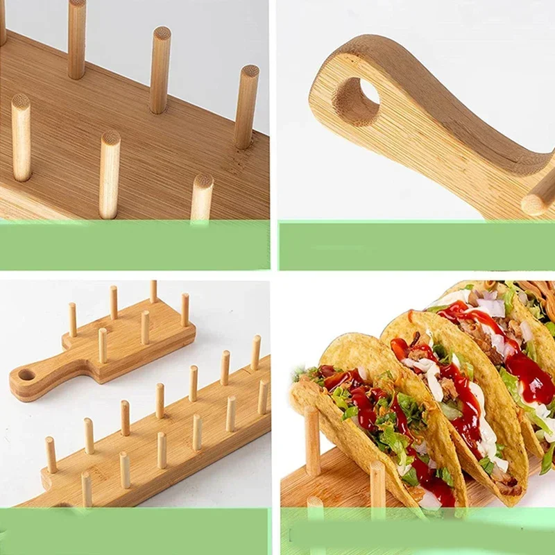 Taco Holder Bamboo Wooden Tacos Holder Potato Chips Corn Roll Rack Tray Shelf Tortilla Burritos Rack Tray Fit for Parties and Restaurants