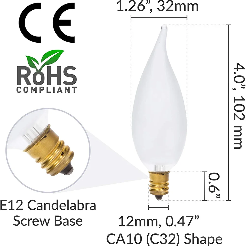 12pcs 불꽃 팁 샹들리에 전구 25W Candelabra E12 120V 서리 장식 백열 천장 팬, 펜던트, 따뜻한 흰색