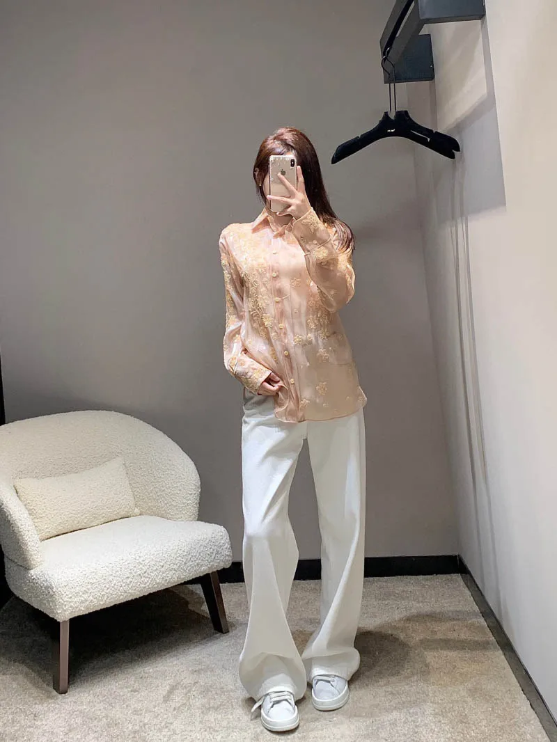 22024 여성용 누드 메쉬 셔츠, 자수 공예, 우아한 기질, 얇은 긴팔 가디건, 틈새 디자인