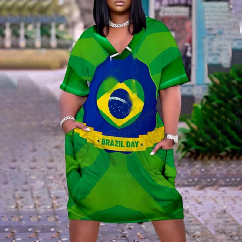 Brazil Flag Dress Women Fashion Midi Dresses Party Evening Short Sleeve Brasil Flag Dress Beach Bohemian Elegant Loose Sundress
