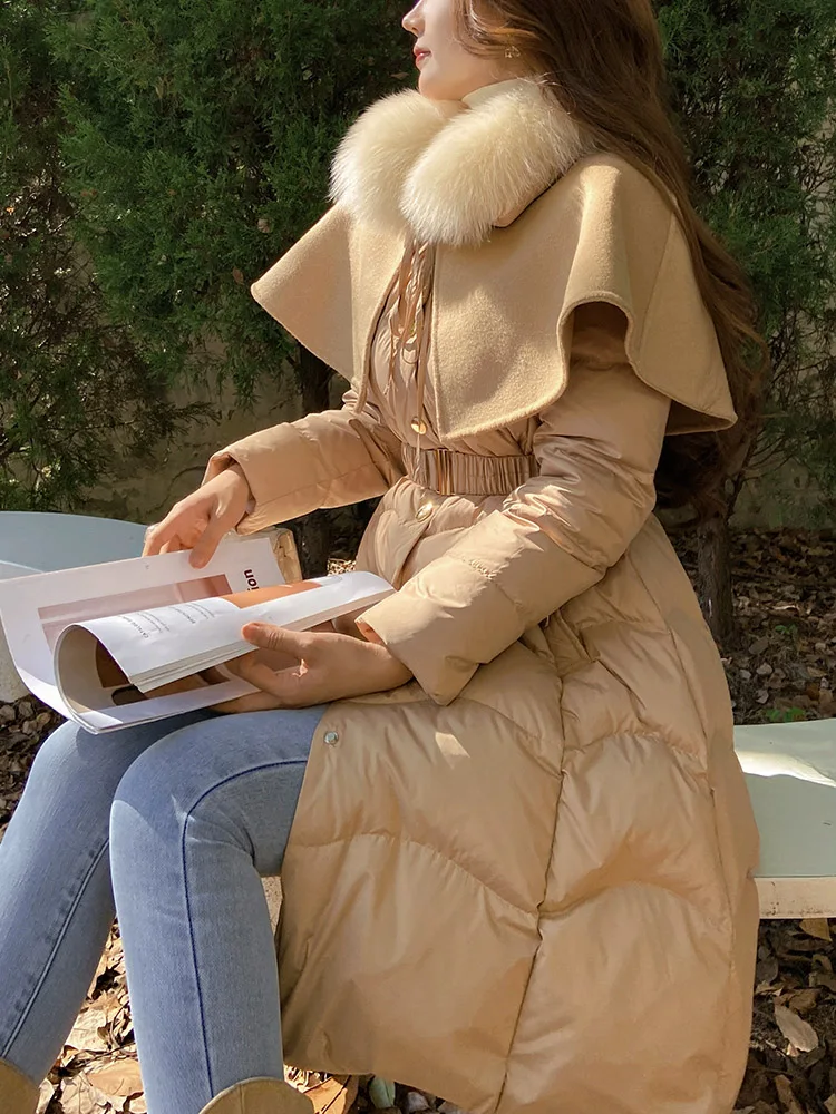 Elegant Fox Fur Collar Detachable Cloak Waist Slimming Down Jacket Women 2023 Winter New Office Lady Vintage Puffer Coats