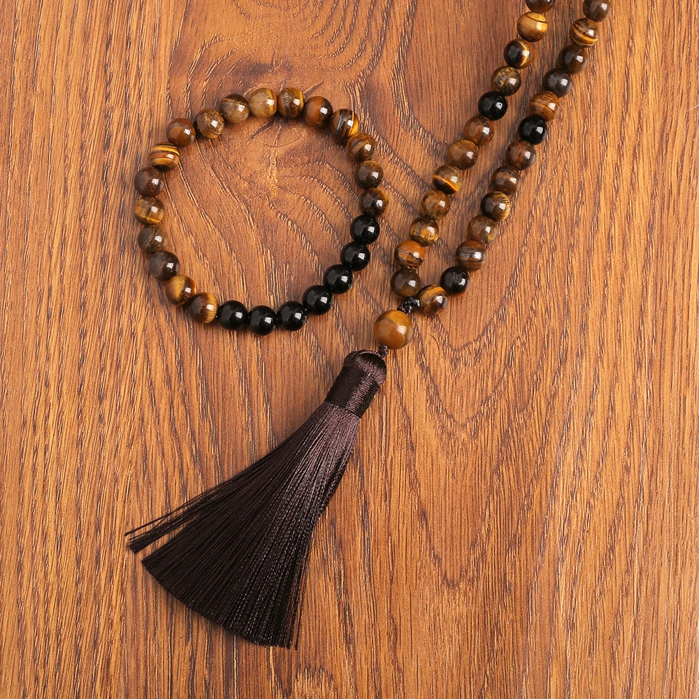 8mm occhi di tigre gialli naturali collana di onice nero meditazione Yoga gioielli 108 Japa Mala bracciale con perline set da uomo e da donna