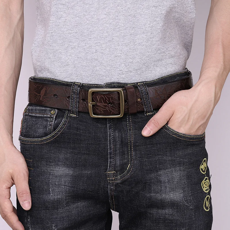 

3.8cm/1.5'' Hand-Carved Pattern Belt Men's Genuine Leather Solid Copper Buckle First-Layer Cowhide Fashionable Casual Waist Belt