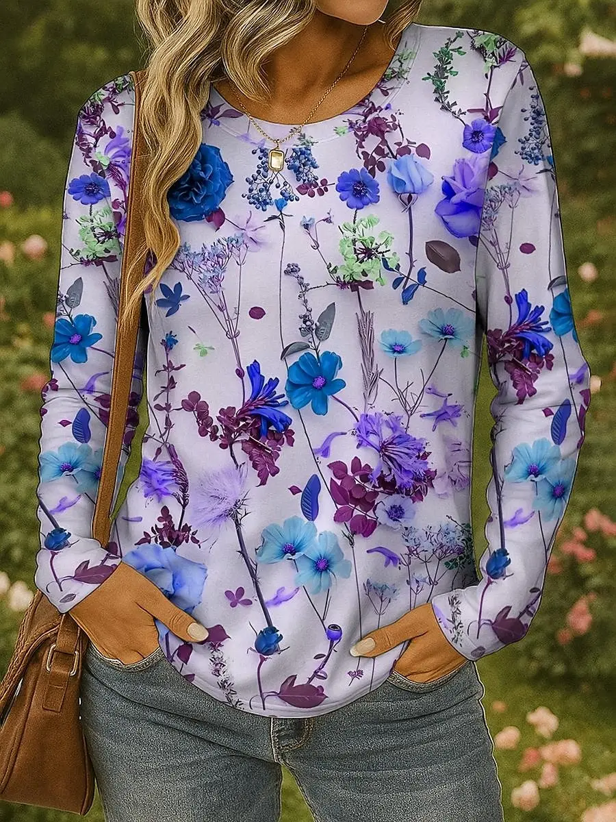 T-shirt da donna con stampa floreale colorata 3D Moda manica lunga girocollo Top regolari Vacanza fine settimana Primavera Autunno 2