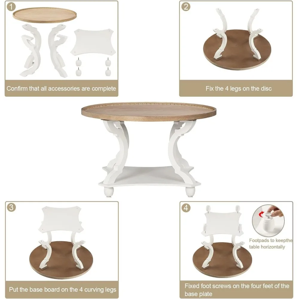 Farmhouse Round Coffee Table,  Wood Tray Top Circle Coffee Table with Storage Shelf Rustic Style 4