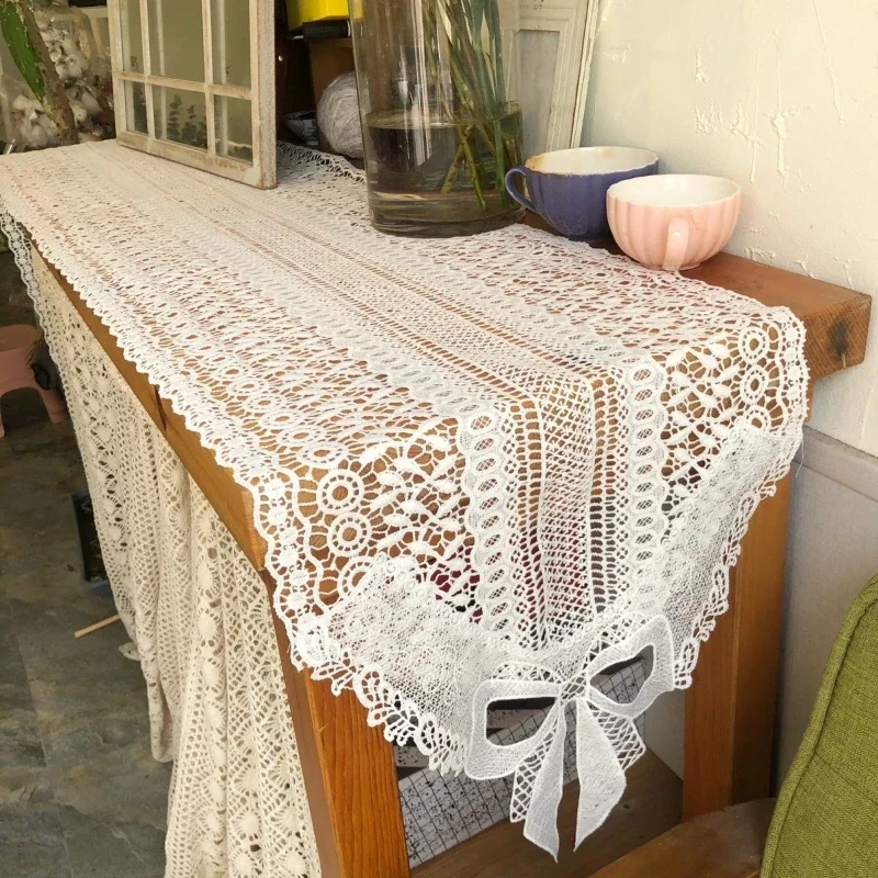 

New White Crochet Lace Table Flag Simple Artistic Bow Long Tablecloth Solid Color Desktop Decoration Hollowed Out Desk Cloth