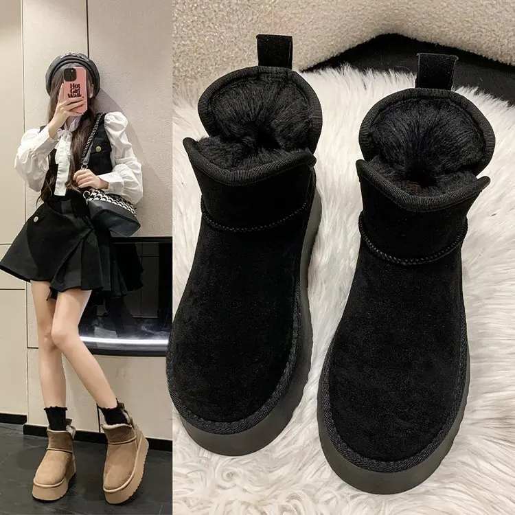 Snow boots for women in winter, new super thick sole with plush and thick insulation, frosted leather cotton shoes, short tube c