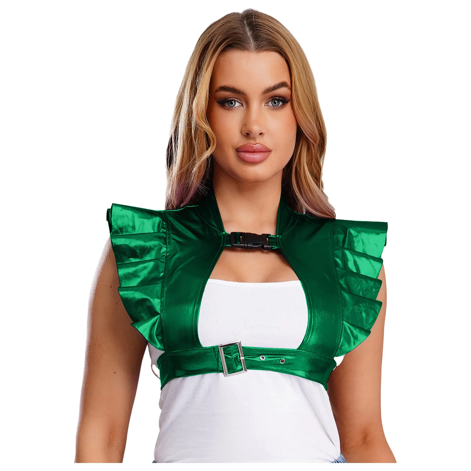 Schillernde Metallic-Schulterrüstung für Damen, Clubwear, gerüschter Besatz, vorderer Ausschnitt, verstellbare Träger, Rave-Achselzucken, bauchfreies Oberteil – Detail 9