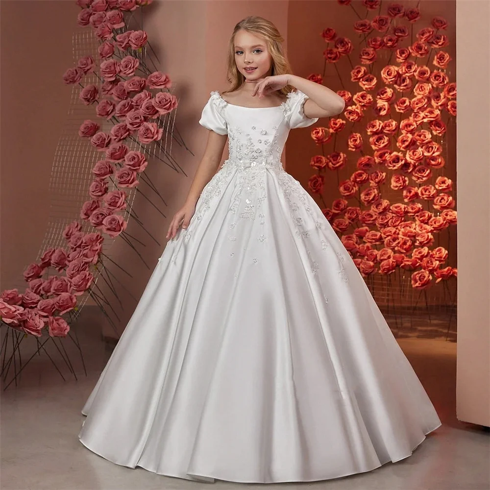 Elegant Flower Girl Dresses for Wedding Satin Beaded Floral Floor Length Girl Kids Birthday Party First Holy Communion Gown flower girl dresses,floral appliqu&eacute; dress,girls dresses,satin formal dress