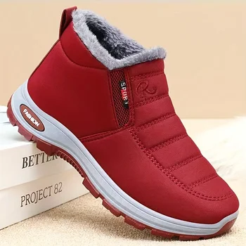 Women's super warm winter boots with anti slip thick soles, low heels, round toe section, solid color outdoor hiking