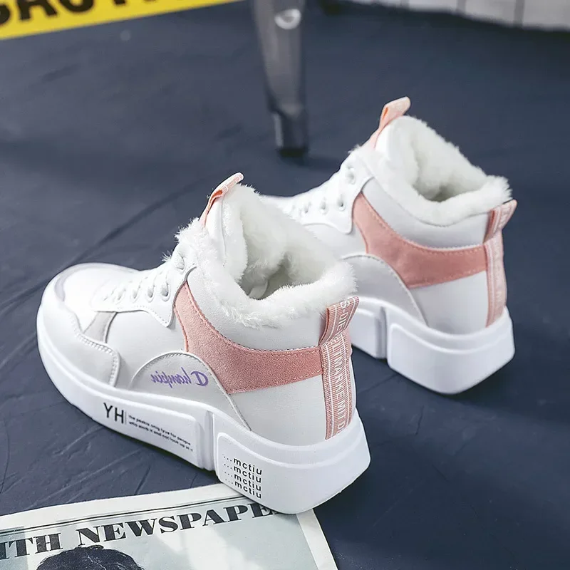 

Womens Sneakers Boots Winter Female Snow Botas Pu Leather Lace-Up Sneakers Round Toe Platform Mujer Wool Ankle Warm Tennis Shoes