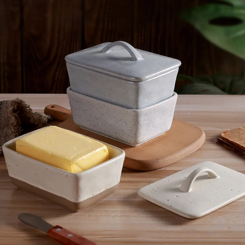 Ceramic Butter Dish With Lid Vintage Porcelain Butter Stick Storage Holder Plate Organizer With Handle Dishwasher Safe