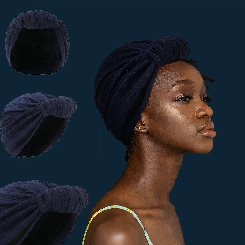 

African Head Wraps Elegant Silver toe Turban for Women Muslim Headscarf Cap Soild Color Ladies Beanies Caps Muslim Headpiece
