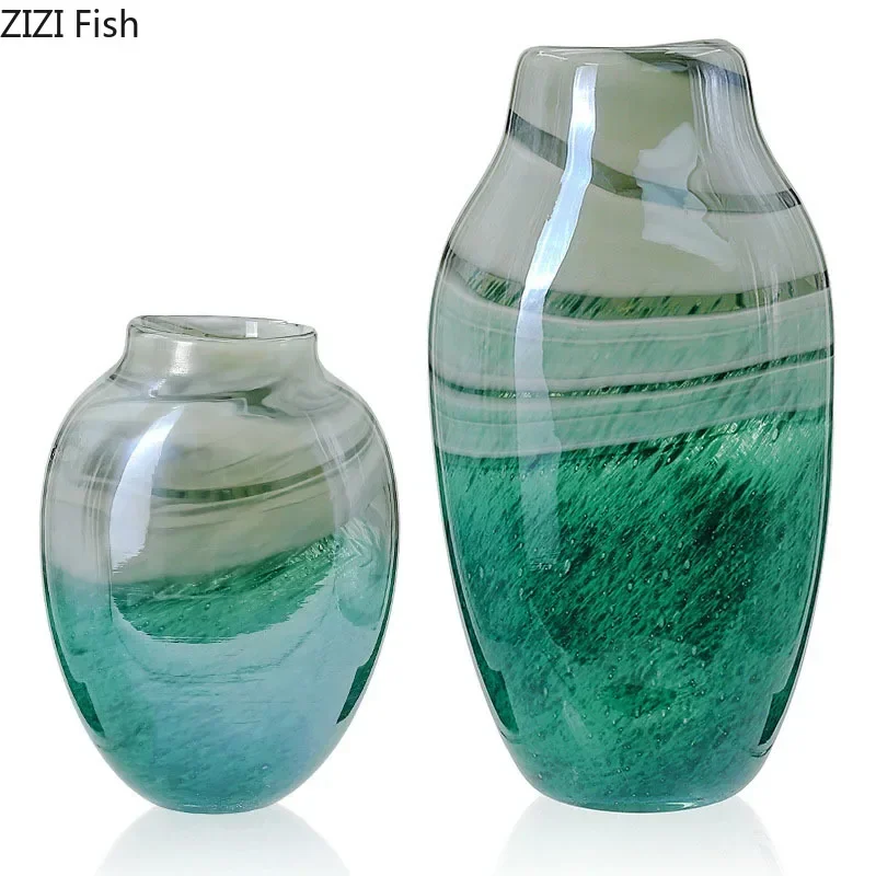 Dark Green Seawater Ripple Glass Vase Hydroponic Flower Pots Desk Decoration Artificial Flower Decorative Floral Arrangement 2