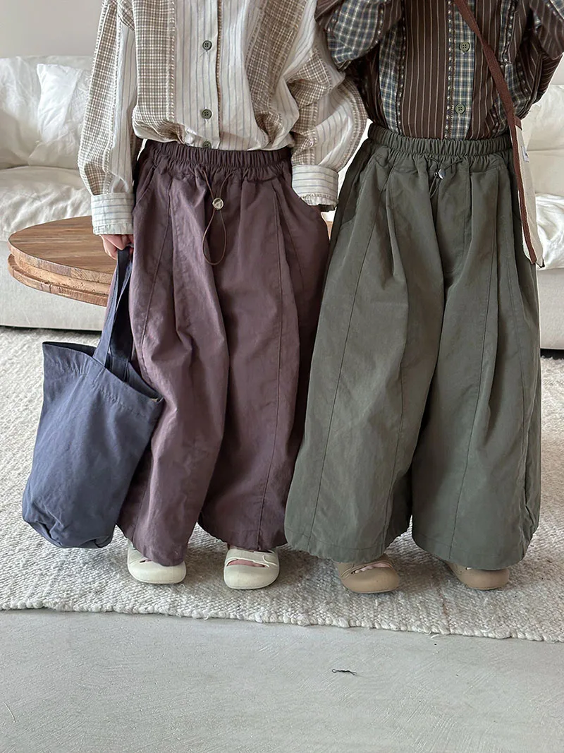 Autumn Kids Casual Wide Leg Pants Solid Color Drawstring Trousers