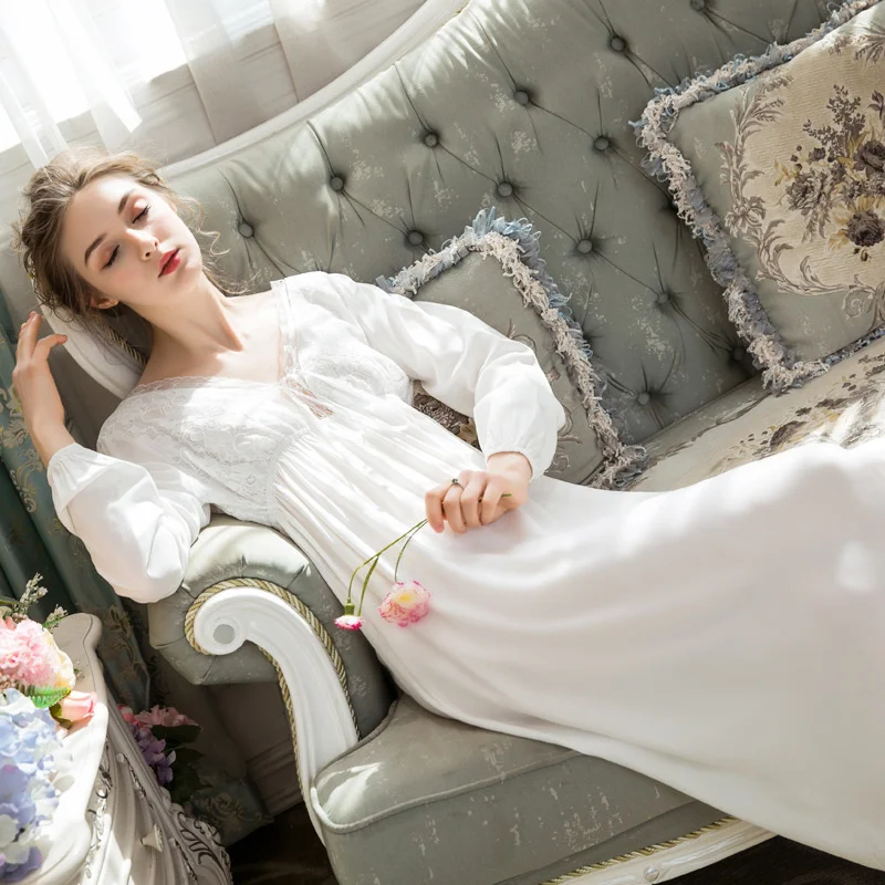 

Ночная рубашка женская с длинным рукавом, хлопковая длинная пижама в дворцовом стиле, с V-образным вырезом, свободного кроя, в стиле принцессы, домашняя одежда, большие размеры, на лето