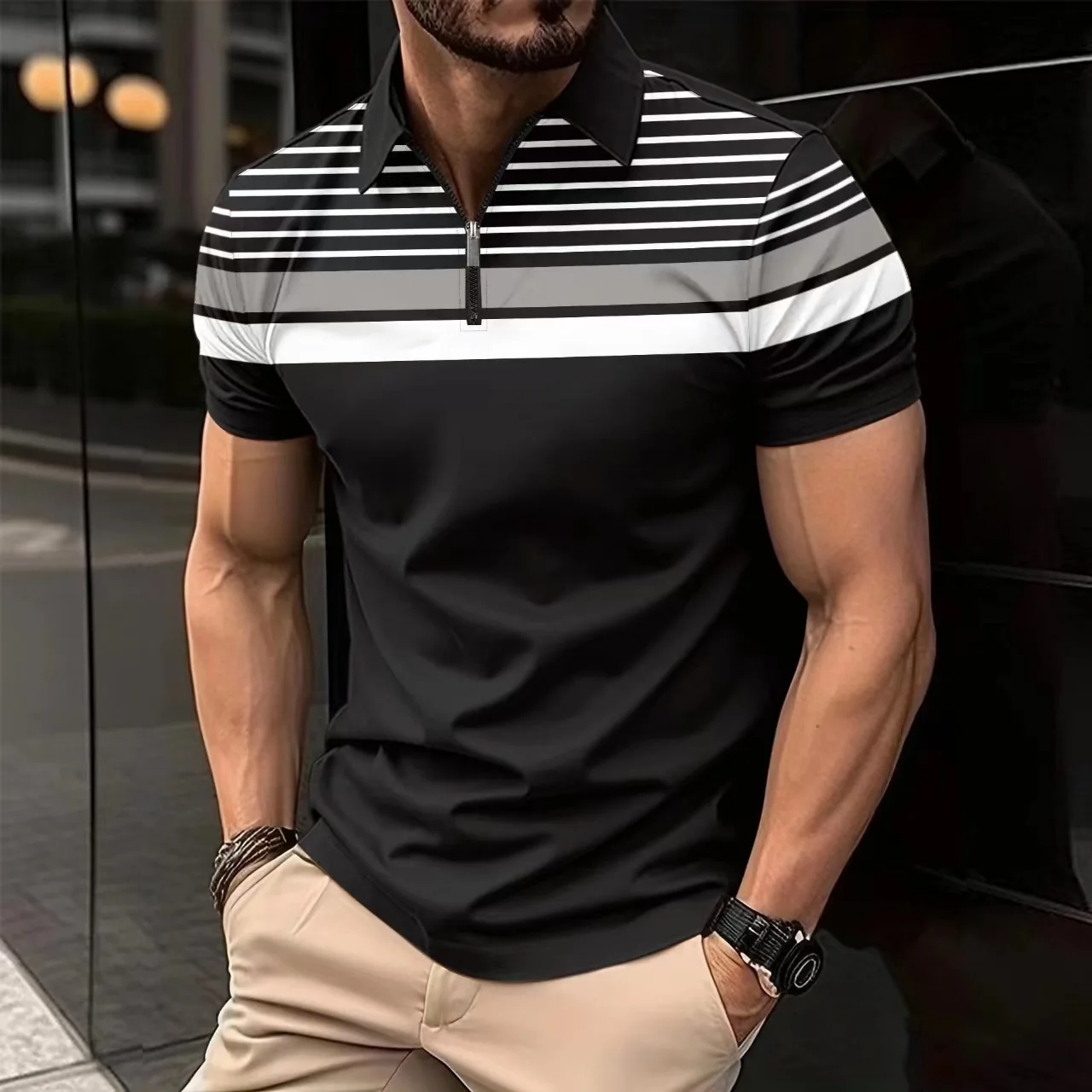 

2024 new summer short-sleeved Polo shirt men's casual British style striped printed T-shirt men's breathable shirt men's clothin