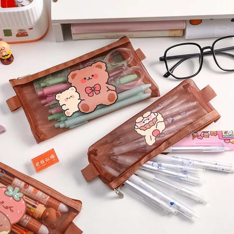 

Cartoon Mesh Pencil Bag ins Primary School Student Stationery Bag Learning Desktop Large-capacity Pencil Bag Storage Bag