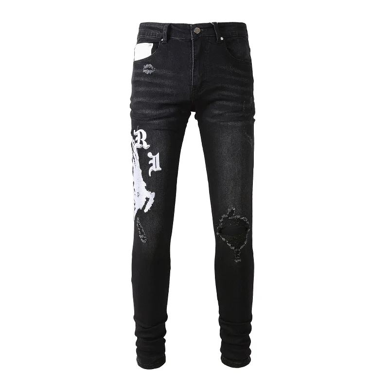 

New Arrival Men's Black Distressed Streetwear Fashion Embroidered White Letters Pattern Patch Damage Skinny Stretch Ripped Jeans