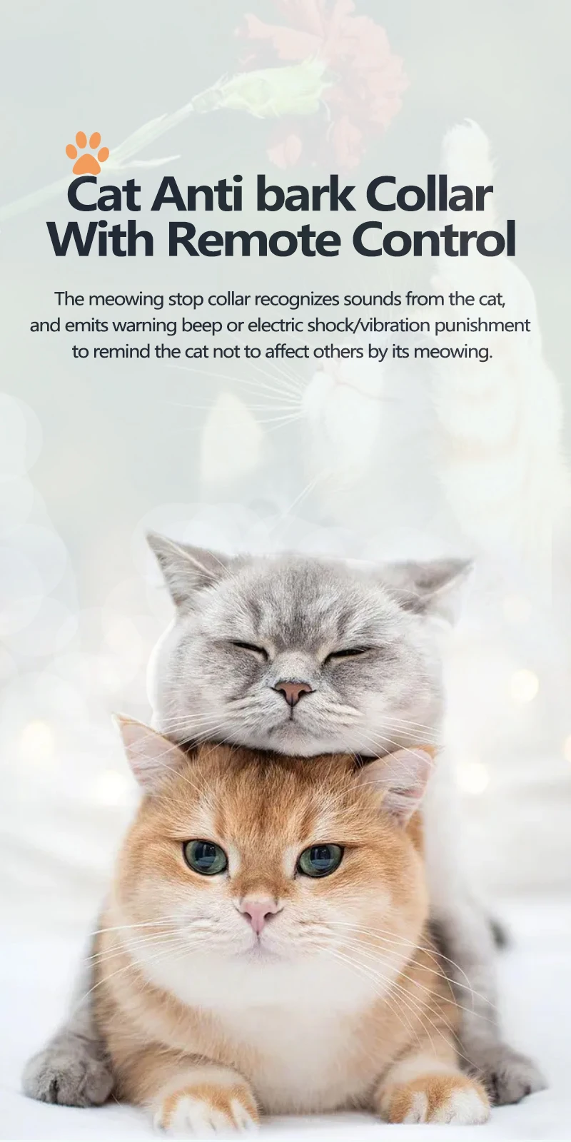 Remote Cat Anti Meowing Collar,2 IN 1 Cat Automatic Stop Meow Trainer,Cat Stop bark Collar,Black/Pink Reflective Collar