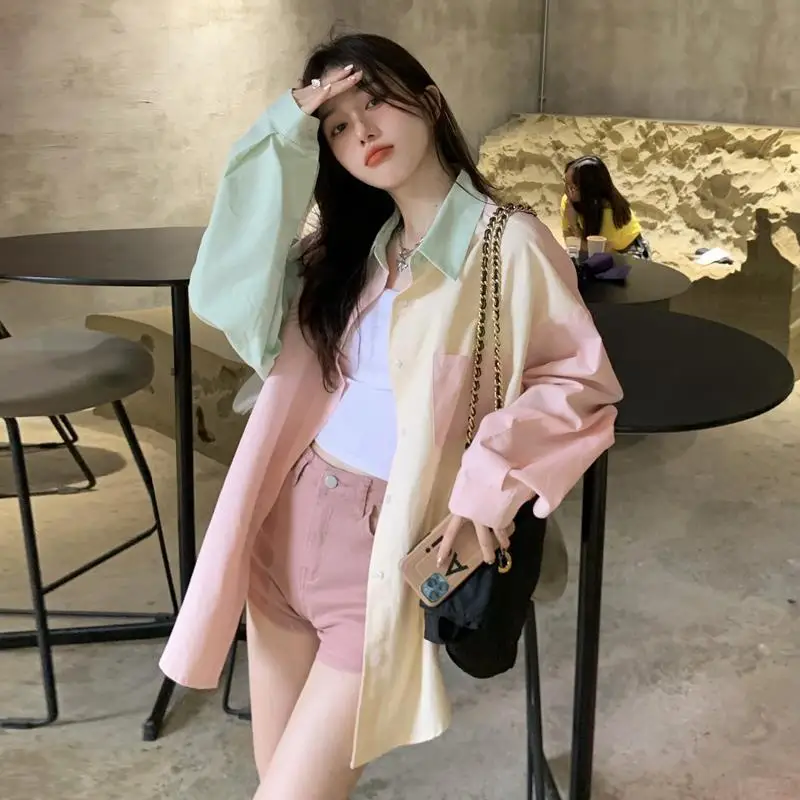 

Women's Clothing Spring Summer Korean Fashion Print Long Sleeve Blouse Casual Turn Down Collar Pathwork Shirt Female Loose R55