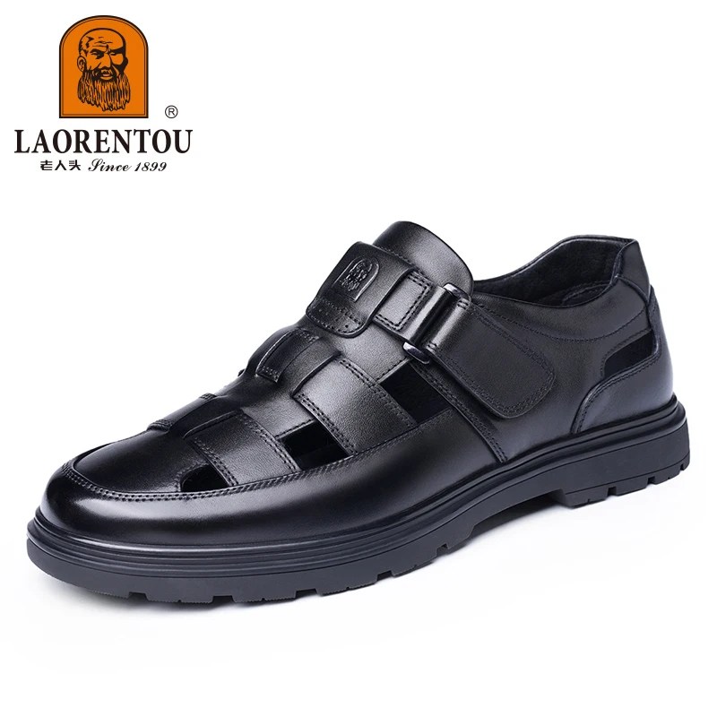 Men's Leather Sandals Breathable Hollow Hole Toe Wrapped Cowhide Anti-slip Wear-resistant Casual