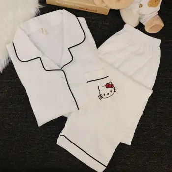 طقم بيجامات هالو كيتي مطرز بأكمام طويلة ملابس منزلية للنساء لربيع الخريف ملابس تنحيف غير رسمية حلوة ​   طقم بيجامة 2 قطعة