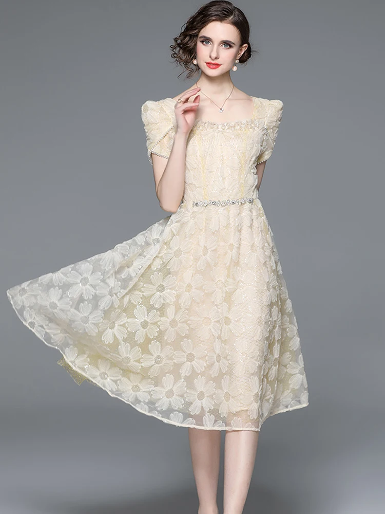 

Summer Ladies Beading Embroidered Long Dress For Women French Elegant Square Collar Puff Sleeve High Waist Mid-Calf Party Dress