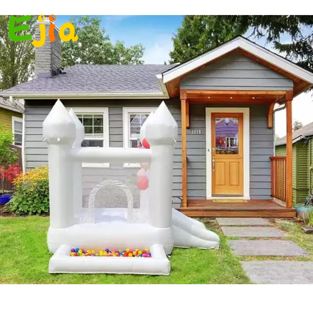 Commercial PVC Inflatable Bounce House with Slide,Ball Pool and Blower White Blow Up Jumper Castle House For Kids