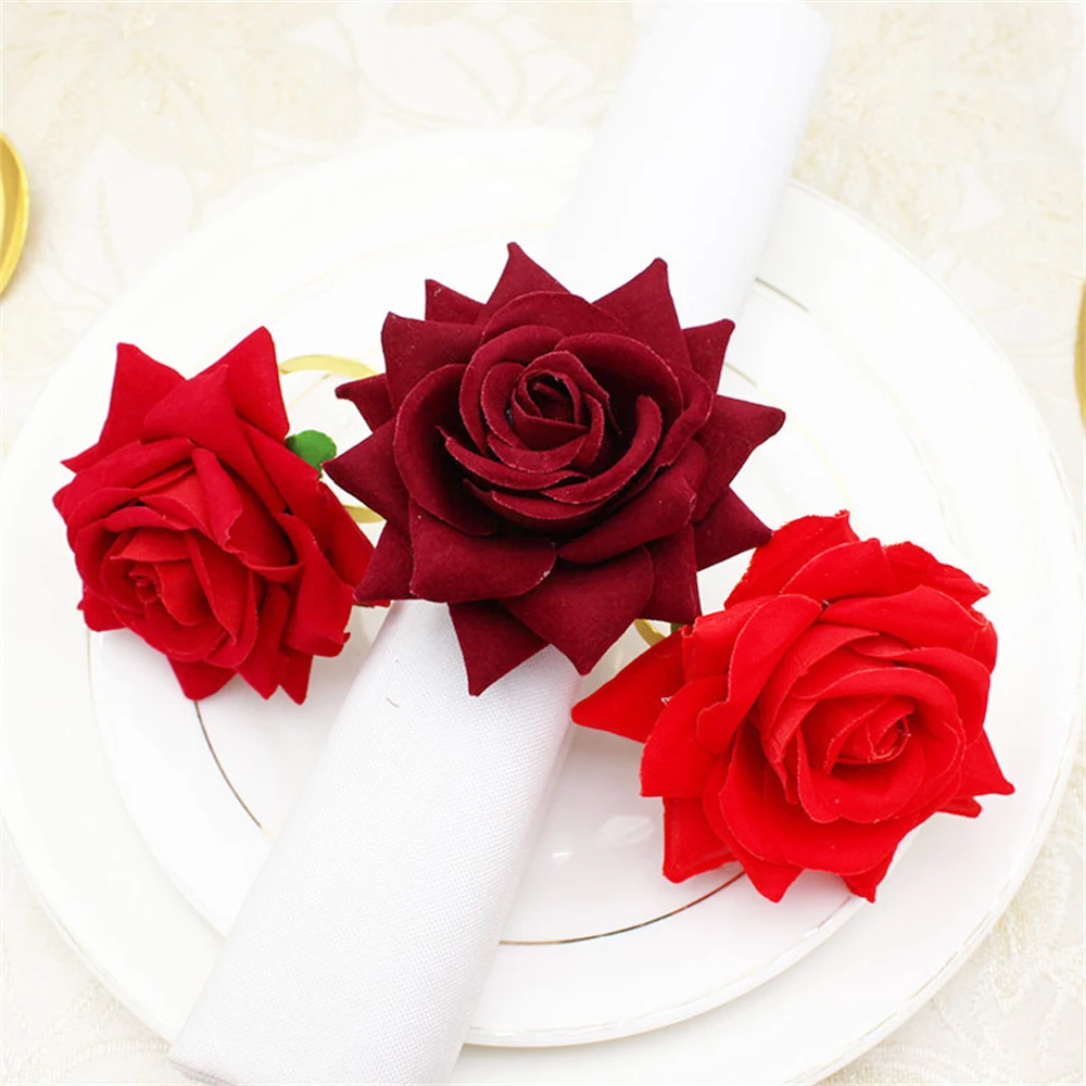 Dvianna 8Pcs Flower Napkin Rings Red Rose Napkin Holder Rings for