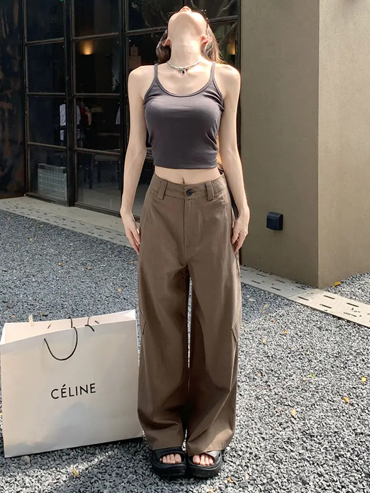 Fashion Korean workwear casual pants women summer American loose versatile high waisted y2k retro street wide leg trousers