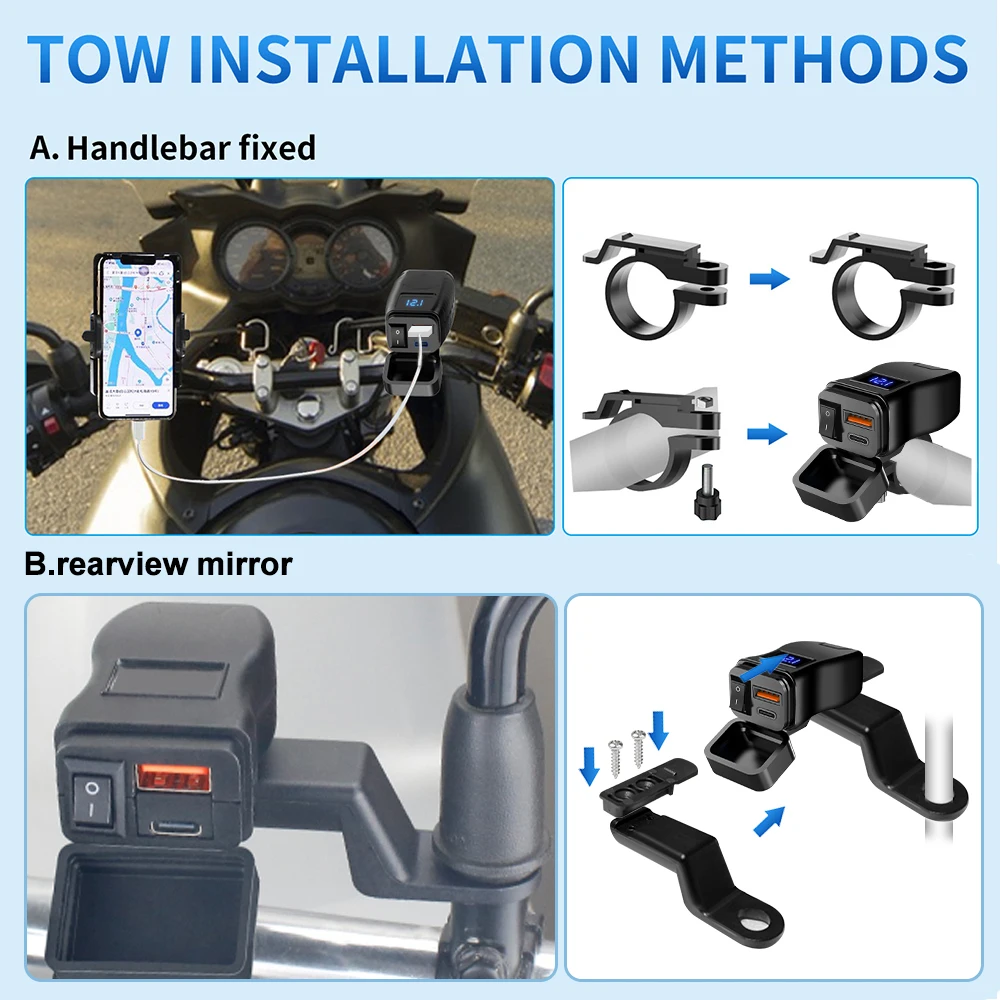 Motorbike Charger Adapter Waterproof Motorbike Motorcycle Handlebar Charger Dual USB Port Adapter Power Adapter with Switch for Mobile Phone Charger