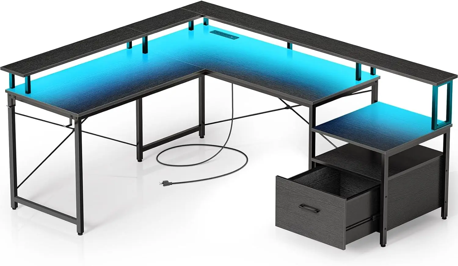 

Компьютерный стол с выдвижным ящиком, угловой компьютерный стол с выдвижным ящиком, 68 дюймов, L-образный, со светодиодной лентой, для дома и офиса, с монитором