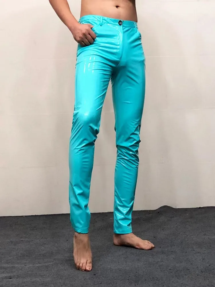 Sexy Men Night Clubwear Stretchy Skinny Pencil Pants Mirror Smooth Faux Patent Leather Trousers Plus Size 6XL PU Leather Pants men trousers leather pants skinny pants