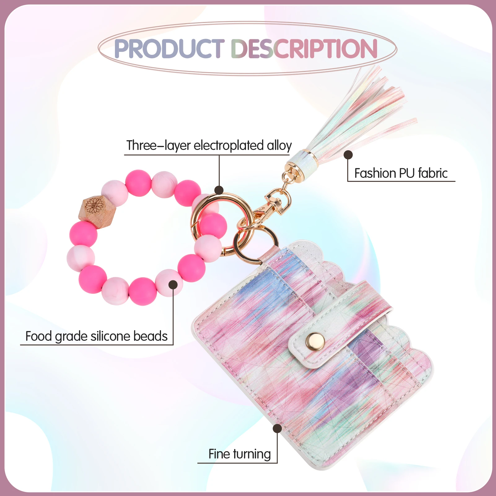Pu Leather ID Credit Card Holder with Silicone bead key chain wristlet Fahsion Keychain For Women Colorful Pink Card Wallet