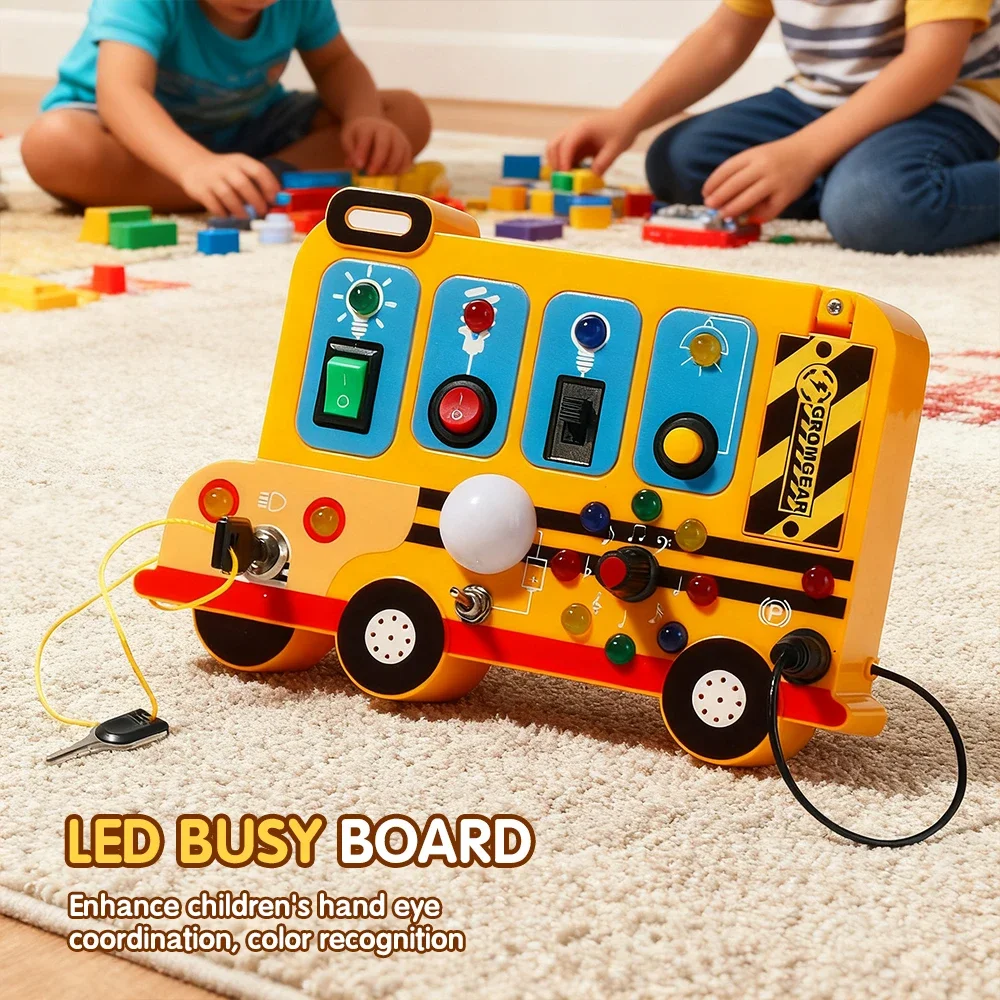 Montessori Busy Board Sensory Toys Cartoon with Led Light On Off Control Board Portable Electric Puzzle Toy Game for 2-4 Years