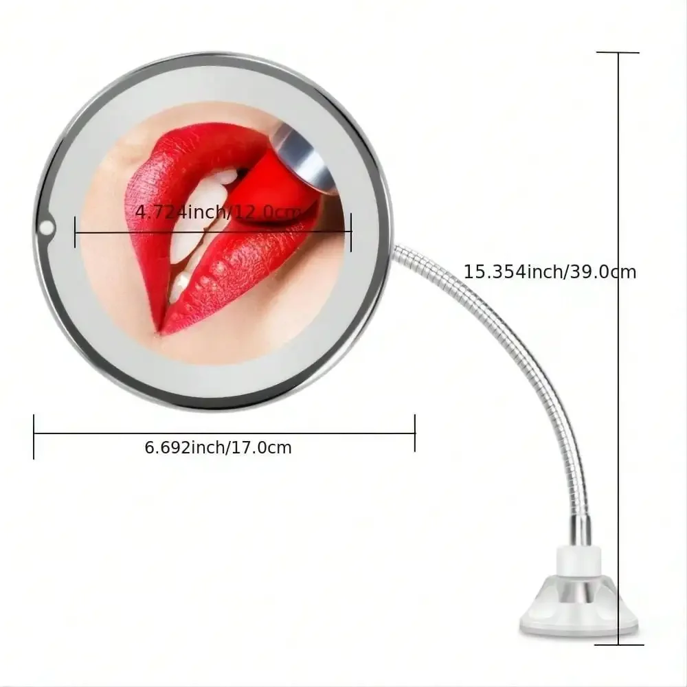 Flexible Gooseneck Makeup Mirror LED Light 10X Magnifying Mirror Suction Cup Bright Diffused Light 360 Degree Swivel